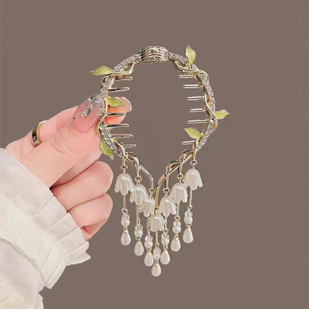 Elegant Tassel Hair Claw Rhinestone Pearl Flower Tassels Hair Clip Women Girl Ponytail Holder Hairpins Fringe Hair Accessories