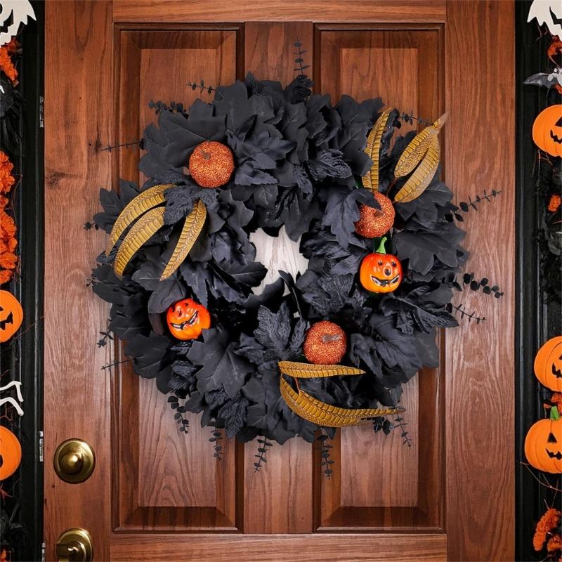 Eerie Season Artificial Black Maple Leaf And Pumpkins Wreath Weather Proof Halloween Door Hanger For Indoor Outdoor Use