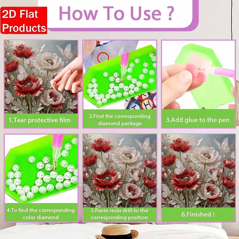 Pearl Painting 5D DIY Decorative Painting. Red Flowers and White Butterflies. Cute Birthday Gift. Handmade Art Painting