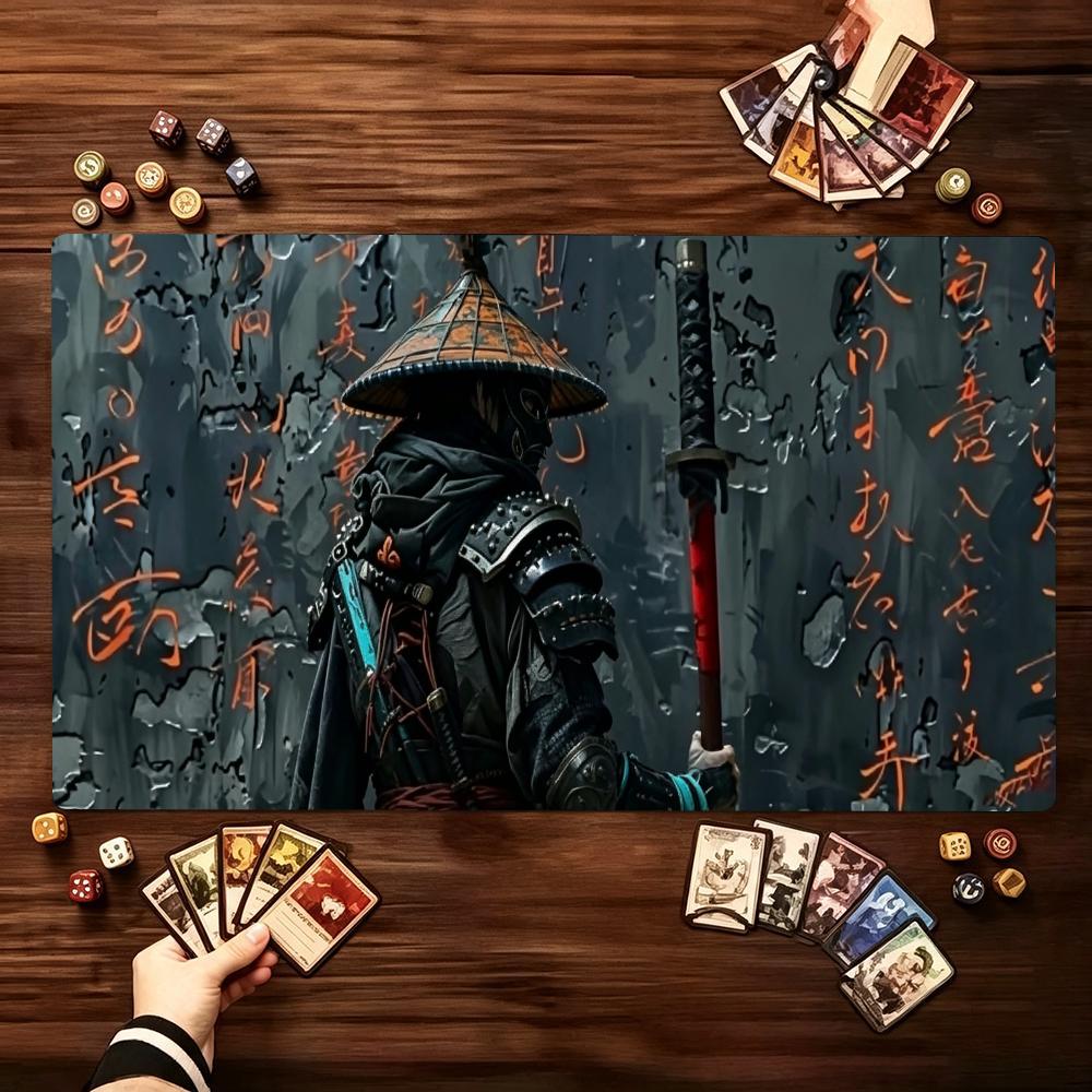 Dark Oriental Ronin Swordsman Ink Art Large Game Playmat NonSlip Rubber Base With Stitched Edges For Card Gaming And Desk