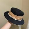 Women's summer beach straw hat beach shade sun protection color blocked flat top sun hat British versatile top hat
