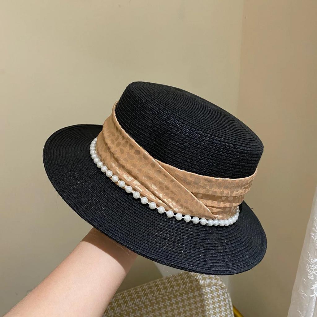 Women's summer beach straw hat beach shade sun protection color blocked flat top sun hat British versatile top hat