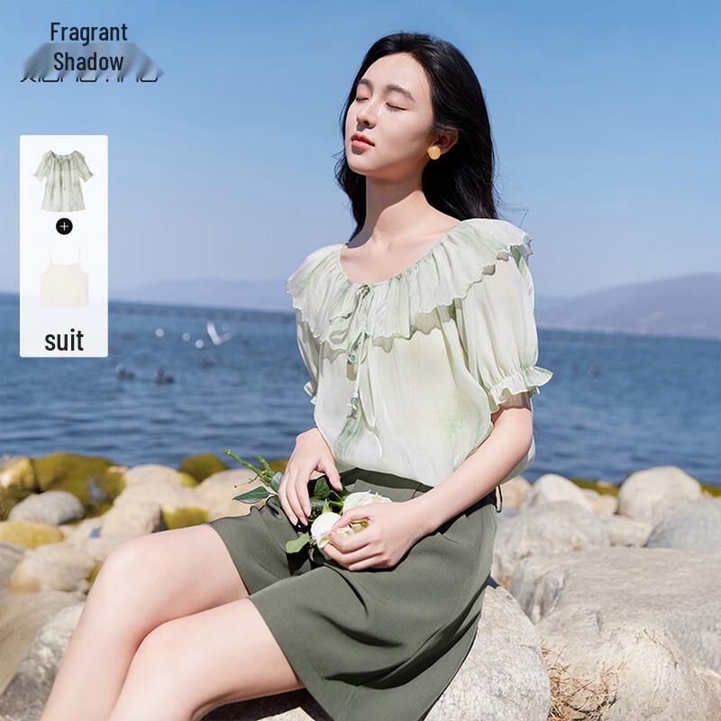 Xiangying Women s Puff Sleeve Ruffle Top M