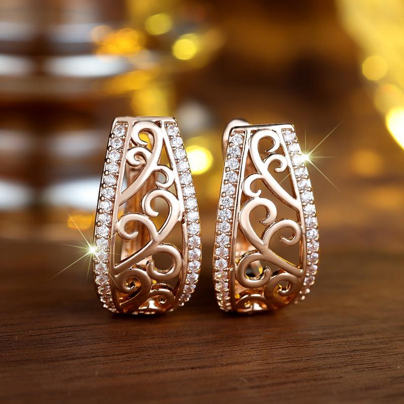 Luxury Gold Color Ethnic Hollow Flowers Drop Earrings for Women White Zircon Wedding Jewelry