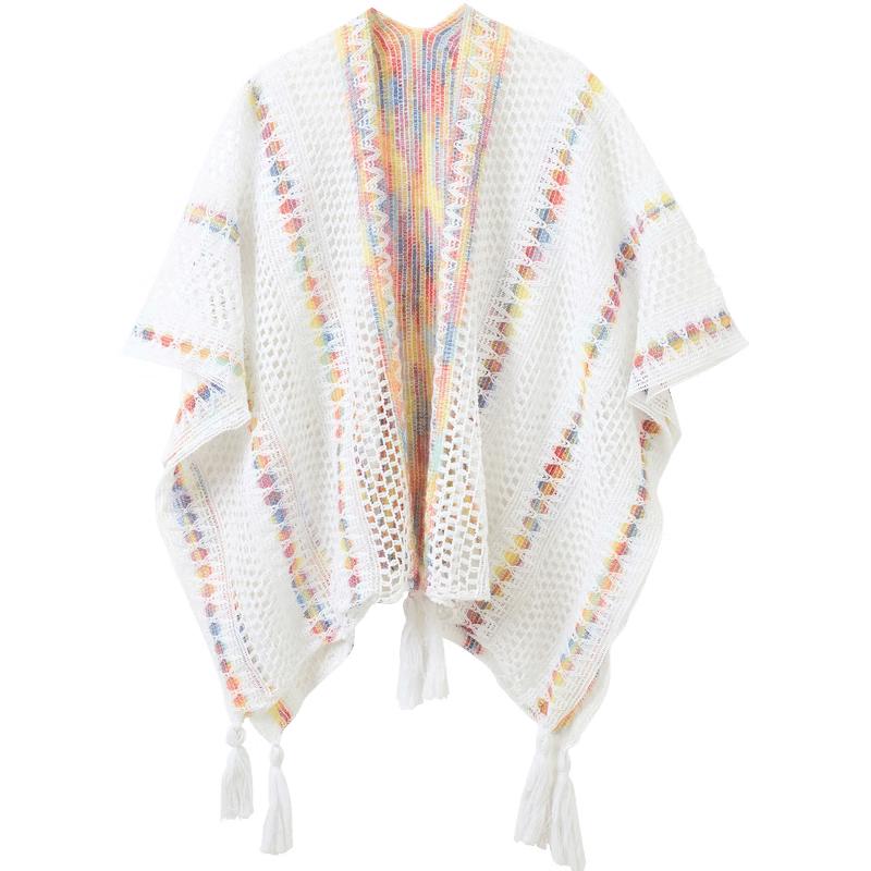 Bohemian Rainbow Tassel Knit Shawl One Size