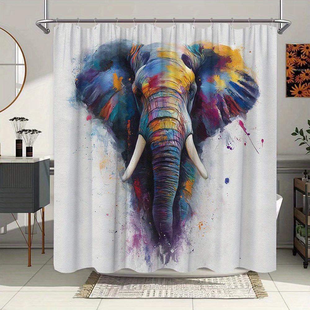 1 szt. Żywa zasłona prysznicowa ze słoniem - Kolorowy abstrakcyjny wzór w kolorach niebieskim, fioletowym, żółtym, czerwonym - Artystyczny poliester z 12 haczykami,