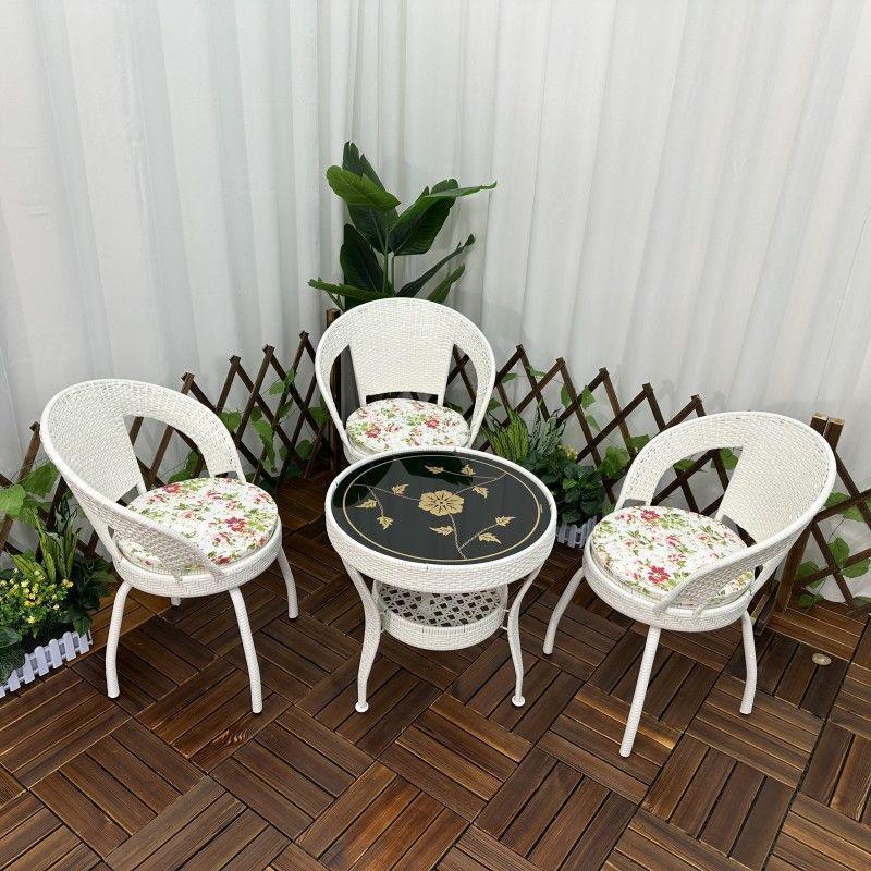 Three-Piece Chinese Style Rattan Table and Chair Set - Indoor Balcony Swivel Chair, Durable Round Five-Piece Swivel Design