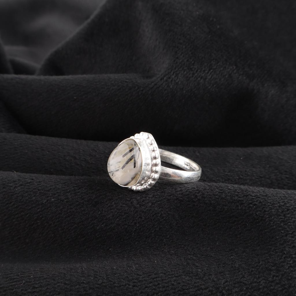 Natural Black Rutile Gemstone 925 Sterling Silver Jewelry Handmade Pear Design Ring For Wedding RR-77-28