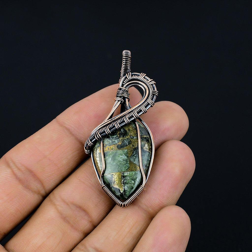 Copper Seraphinite Pendant, 999 Copper Wire Wrapped Gemstone Jewelry, Handmade Pendant, For Thanksgiving