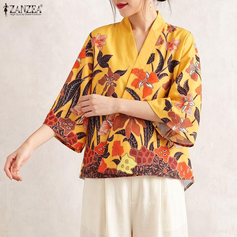 ZANZEA Blusa Casual da Donna con Scollo a V Maniche 3/4 Ampie Stampa Floreale