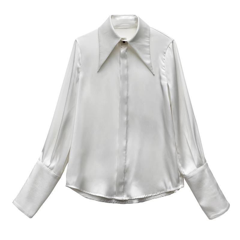 Elegante Langarm-Satinbluse im französischen Design - Schickes Damen-Frühlings-/Herbstoberteil