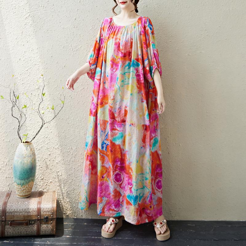 Dimanaf 2025 Summer Plus Size Dress Floral Women Casual Vintage Dress Basic Printing Long Beach Elegant Loose Dress