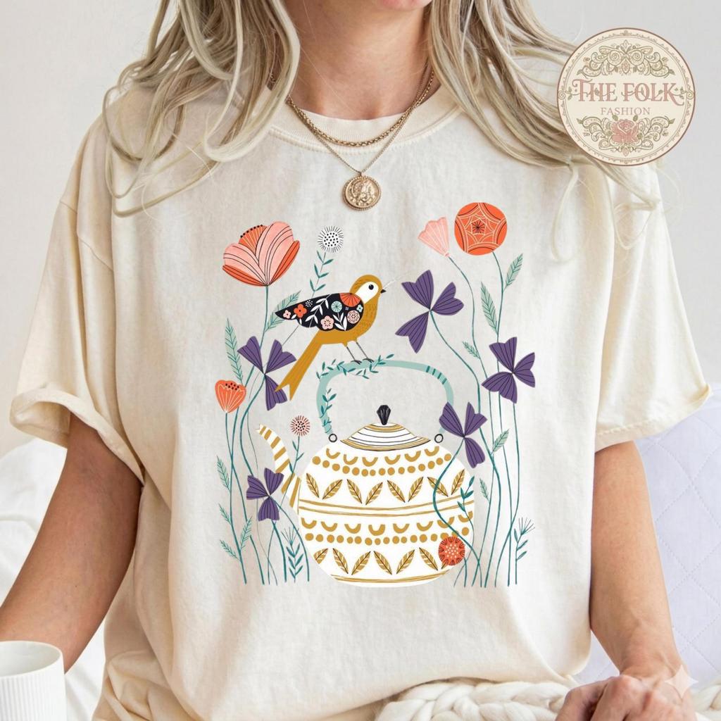 Vintage Folk Art Bird and Teapot Shirt, Aesthetic Cottagecore Floral Tee, Nature Lover Gift, Retro Botanical Garden Tshirt, Comfort Colors