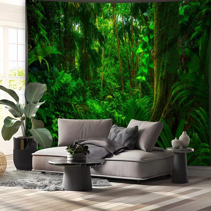 2D Exotic Jungle Tapestry Tropical Forest with Mossy Trees Wall Background Cloth