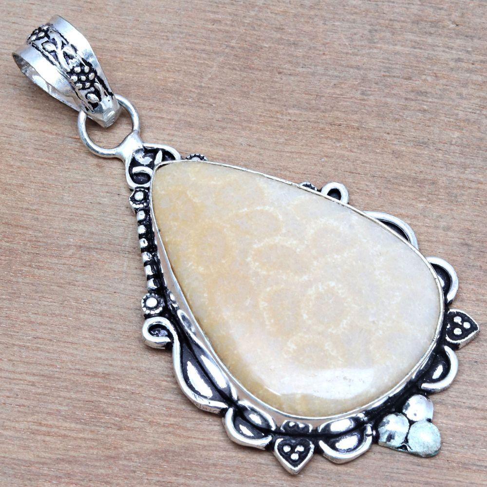 Pendant Fossil Coral Gemstone Gift For Her Silver Jewelry 2.5"