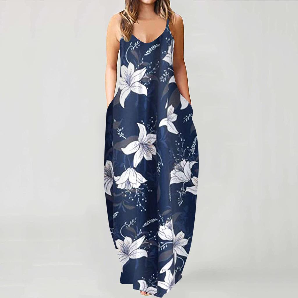 Women's Fashion Summer Casual Print V-Neck Sexy Sleeveless Dresses Long
