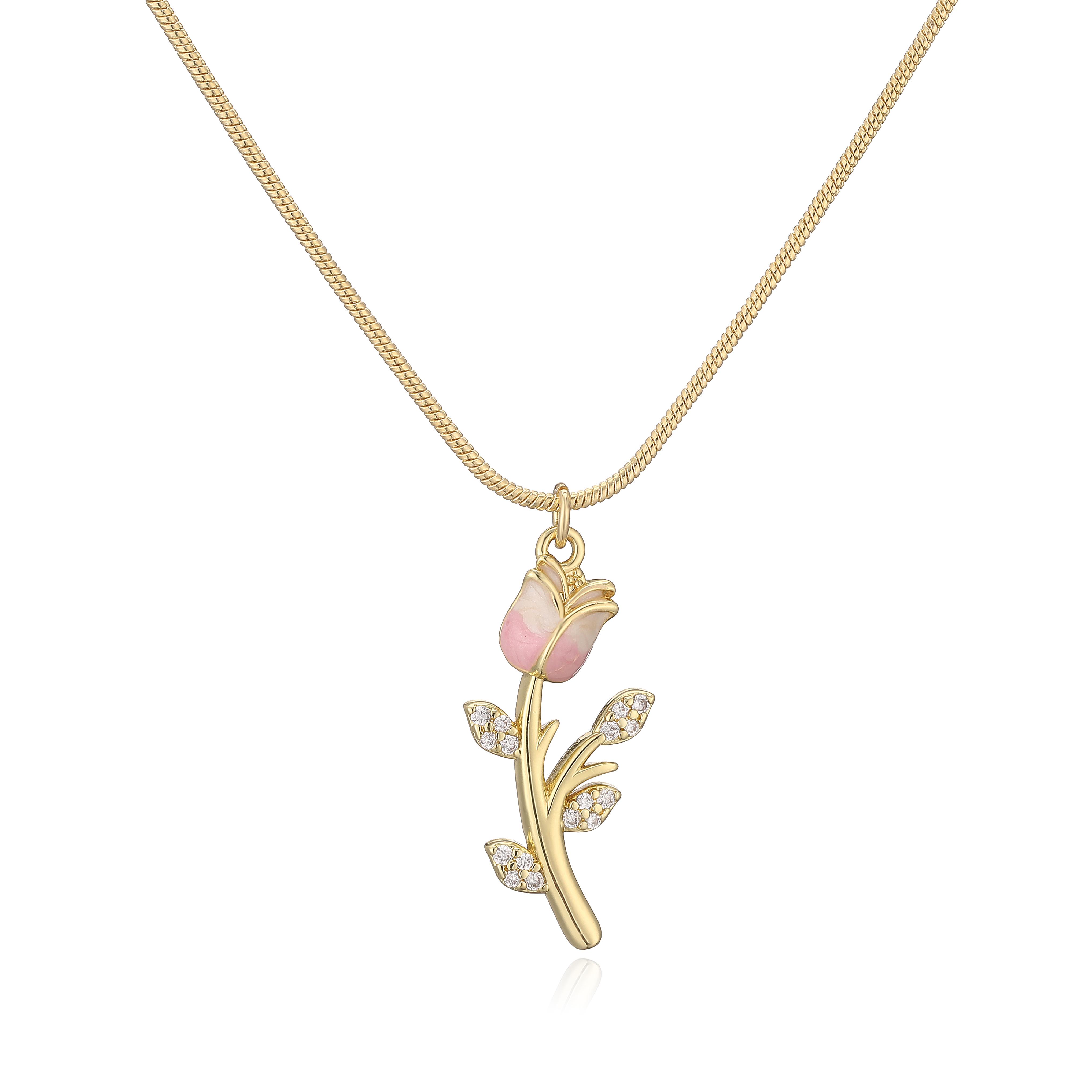 

HECHENG, Enamel Drop Glazed Red Rose Tulip Copper Metal Pendant Chain French Sweet Retro Women s Zircon Necklace 1 Piece Other