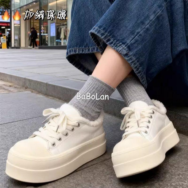 Fleece thick-soled big-headed bread shoes 22 autumn and winter new warm round-headed board shoes ugly and cute casual cotton shoes