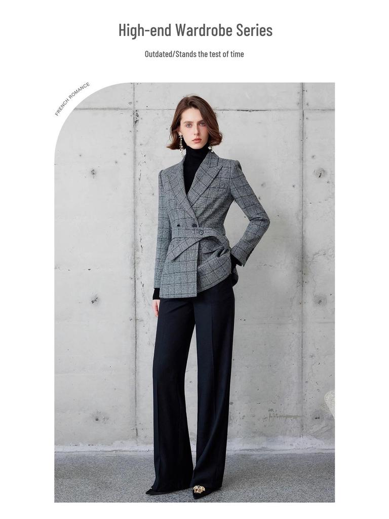 Luxurious British Style Dark Plaid Suit: Women's Jacket & Straight-Leg Pants Two-Piece Set for Autumn/Winter.