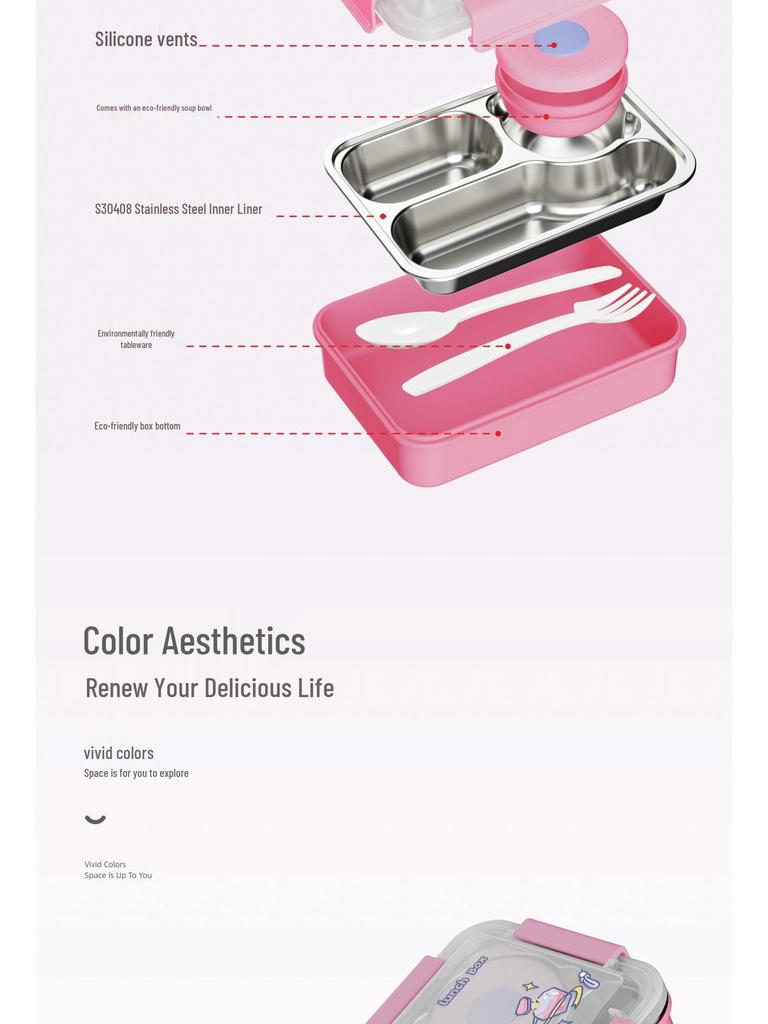 Creative Cartoon Portable Insulated Bento Lunch Box for Students - Reusable and Compartmentalized, 304 Stainless Steel.