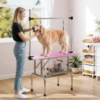 PawHut Folding Dog Grooming Table with Wire Basket Adjustable Stainless Steel Bar 107x60x164 cm Pink