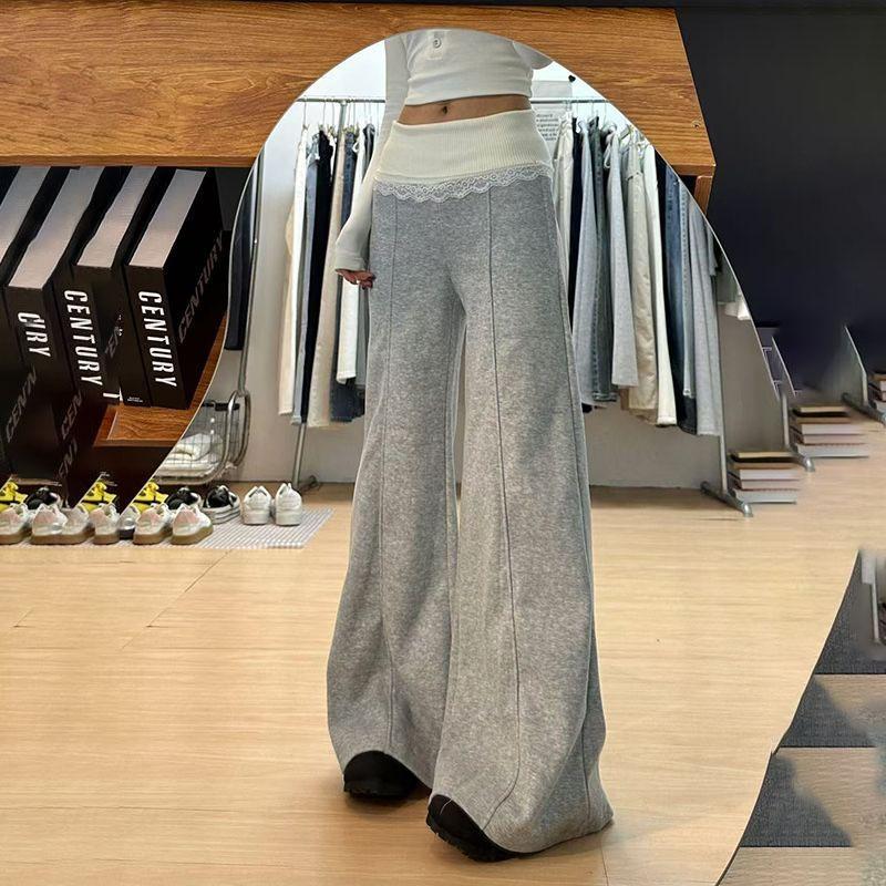 Spring-Autumn Knitted Lace Paneled Wide-Leg Joggers for Women Versatile Loose Draped Floor-Length Casual Pants