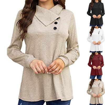 Women's Solid Color Button Long Sleeved T-shirt Loose Pullover Top