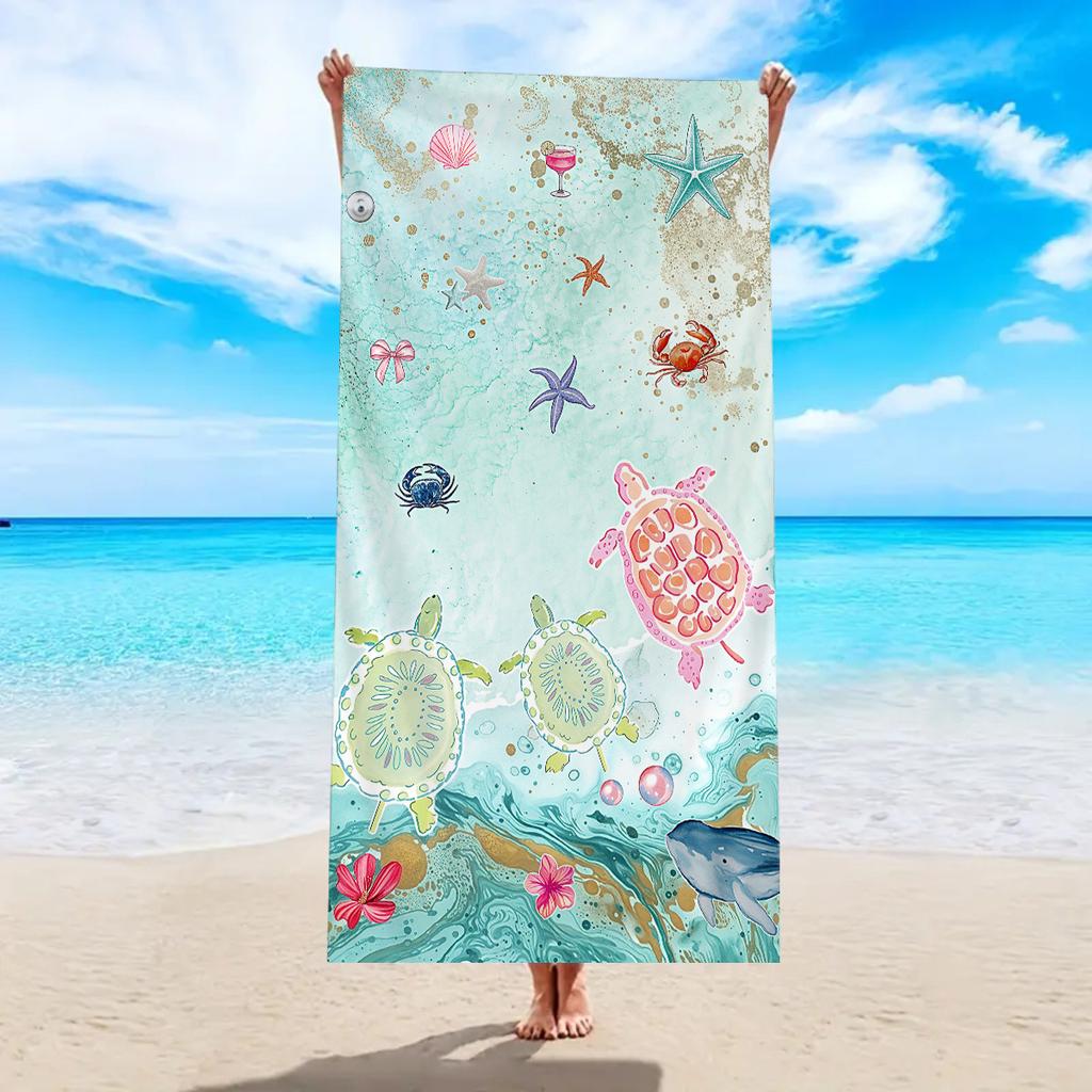 1 pieza toalla de playa de fibra ultrafina con patrón de pez y delfín, elemento oceánico, adecuada para acampar, playa, natación, toalla de playa esencial