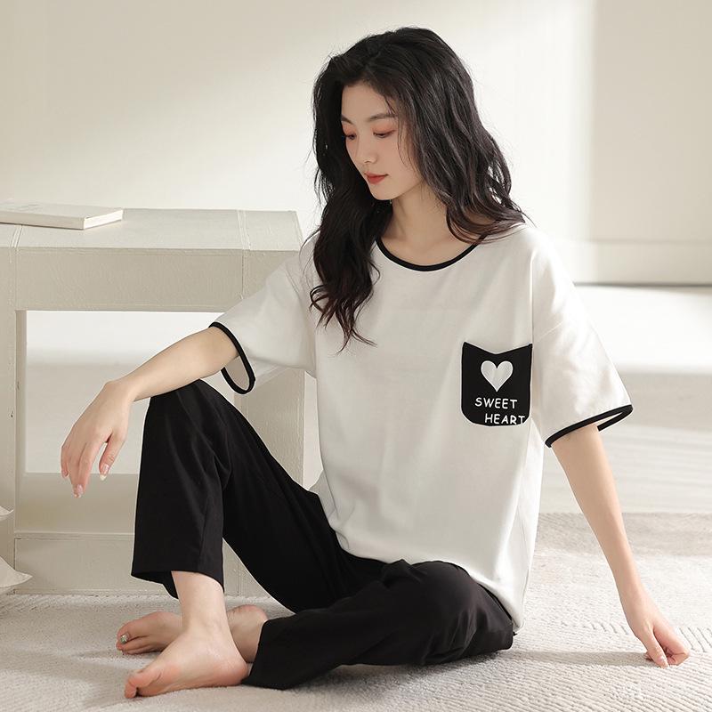 2024 Women's Summer Pajama Set: Pure Cotton, Short Sleeve, Long Pants - Lightweight and Casual for Indoors or Outdoors