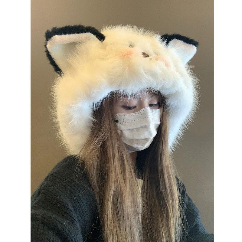 Plush and Cute Cat Ears Hat Women's Thickened Face Revealing Small Ear Hat Warm Lei Feng Hat