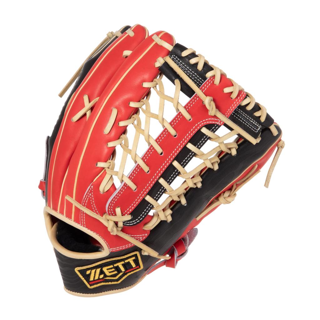 ZETT Pro Status Soft Baseball Glove for Red x Black Size 9 Outfielders, Right-Handed Throwers, (6419), (BRGB32247)
