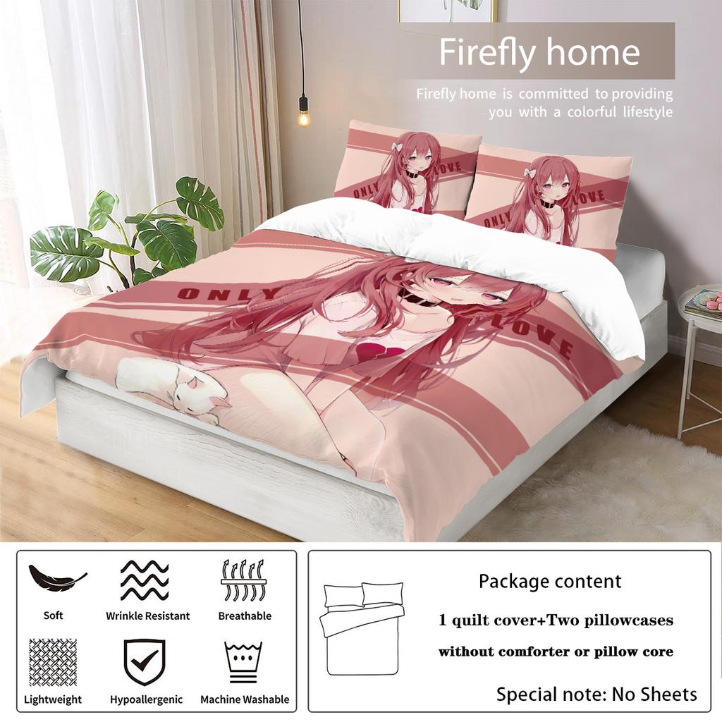 3dílný kreslený anime dívčí vzor tištěný péřový povlak na přikrývku (1dílná sada+2 povlaky na polštáře, bez výplně) ložní souprava