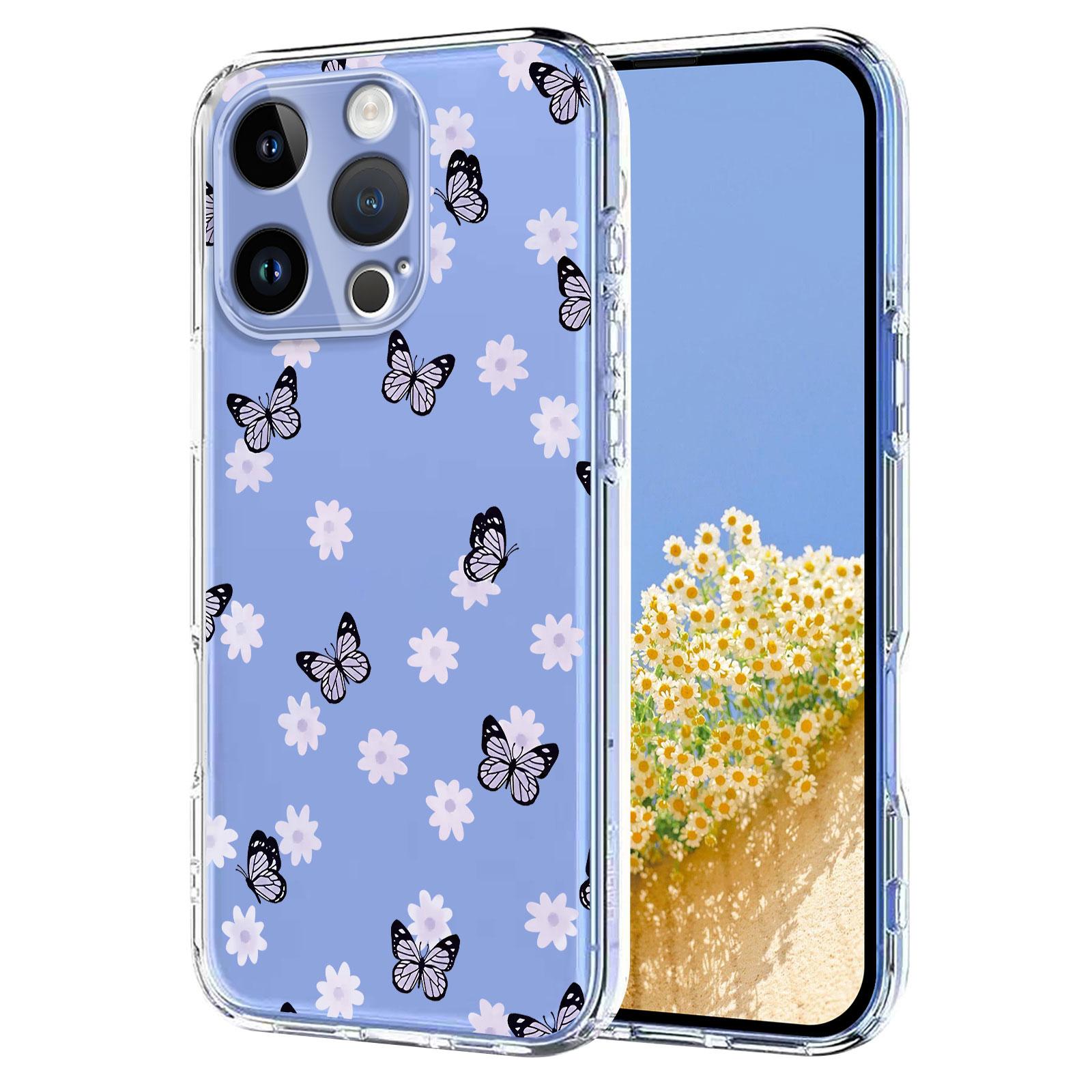 For iPhone 16 Pro Case Butterfly Floral Pattern Printing TPU Phone Back Cover C