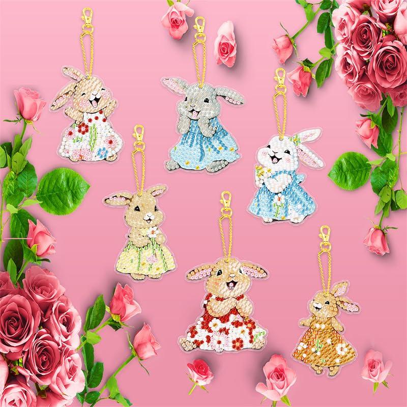 Diamond Art Keychain DIY Handmade Painting Craft 5D Mosaic Art Diamond Special Shape Diamond Keychain Bag Accessories Rabbit Diamond Painting 6-Piece