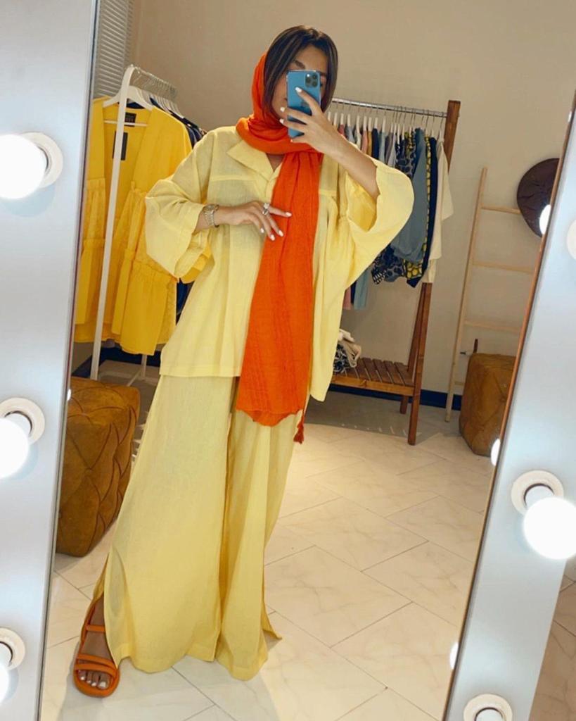Women's 2024 Loose Long Sleeve Shirt and Slit Wide Leg Pants Set