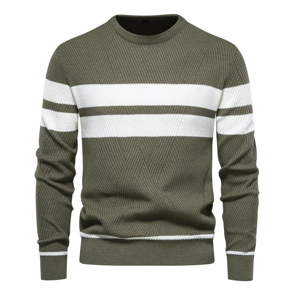 Men's European Fit Striped Round Neck Sweater for Autumn/Winter