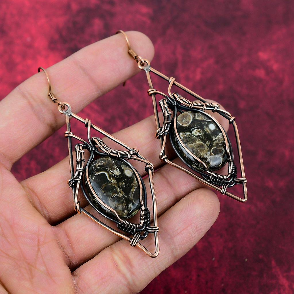 Turritella-Achat Ohrring Kupferdraht umwickelt Edelstein Schmuck Handgemachter Ohrring Kupferdraht-Wicklung Ohrring Geschenke für Mama Designer Schmuck