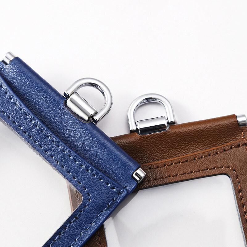 2-Sided Transparent Window Badge Holder ID Business Work Card Holders Genuine Leather Card Case with Lanyard (Can Hold 4 Cards )