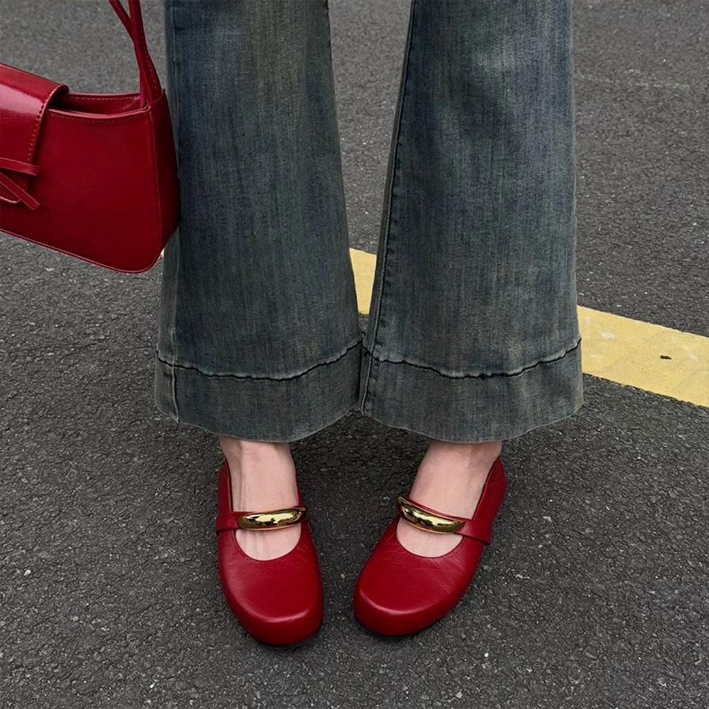 Real Soft Leather Hand-scratched Red Mary Jane Single Shoes Women's 2025 Spring New Versatile Shallow Mouth Flat-soled Single Shoes