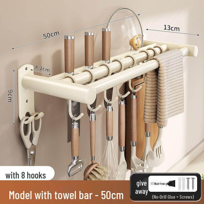 Stainless Steel Wall-Mounted Kitchen Hook & Pot Lid Rack with Knife Holder.