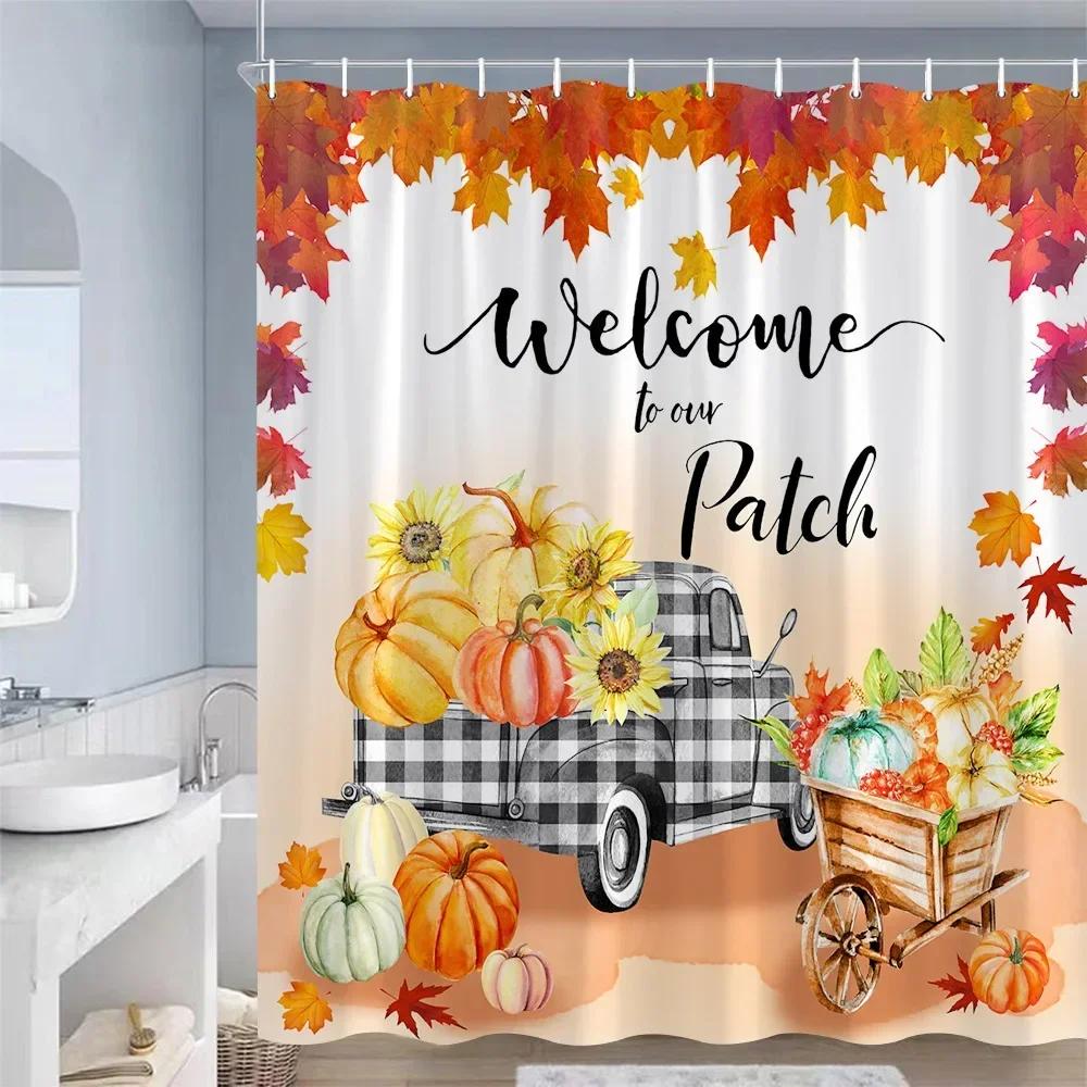 Farm Pumpkin Sunflower Shower Curtains Maple Leaves Cat Truck Autumn Scenery Waterproof Fabric Bathroom Curtain Decor With Hooks