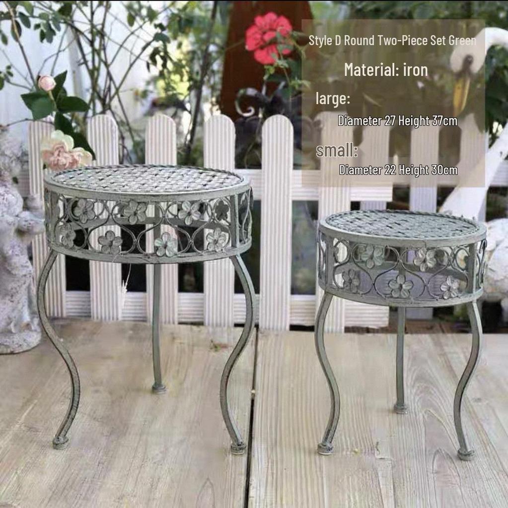 European Retro Iron Art Two-Piece Flower Stand & Pot Rack Set - Green, Distressed Finish, Ladder Design