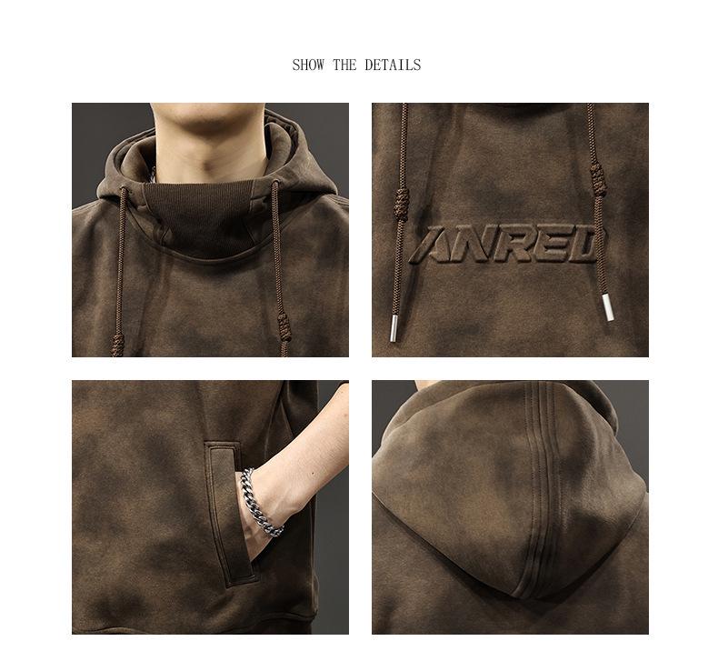 Men's Heavyweight Retro Hooded Sweatshirt: Autumn/Winter Thickened Style with Stamped Half-High Collar.