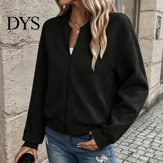 Comfortable Women Workwear Fall Winter Zip-Up Jacket, Solid Color Long Sleeve Casual Jacket Outwear, Round Neck Autumn Coat with Ribbed Collar