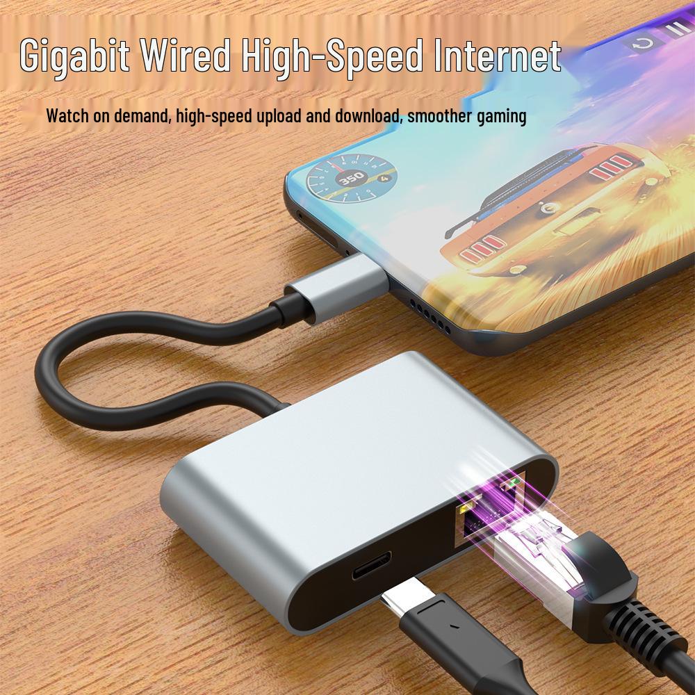 Type-C 60W Gigabit Ethernet Adapter with RJ45 for Fast Charging & Hub Connectivity