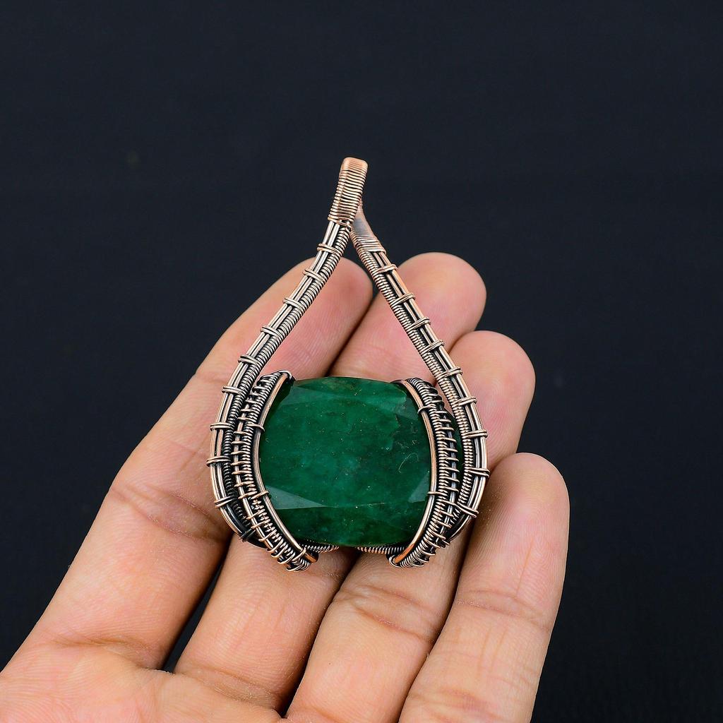 Lab-Created Emerald Gemstone Pure Copper Wire Wrapped Designer Handmade Pendant Jewelry For Gift