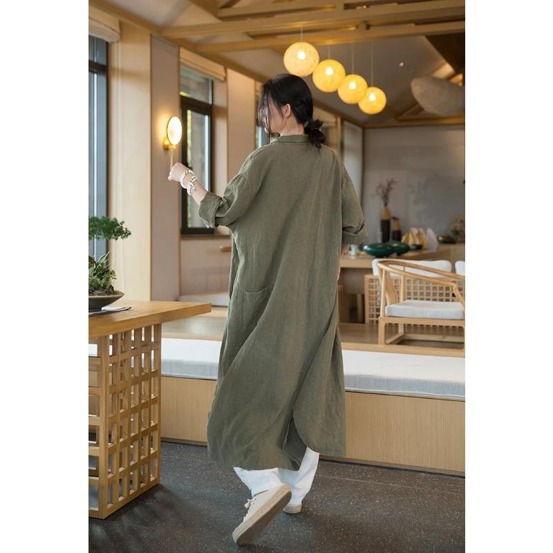 Women Vintage Linen Long Shirts Solid Color Long Sleeve Blouses Spring Button Turn Down Collar Shirt