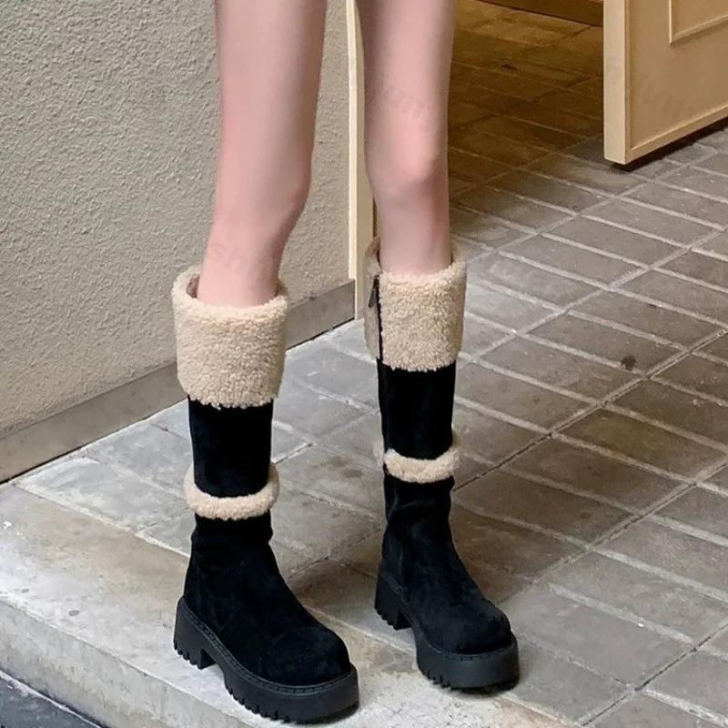 Thickened Lamb Wool Long Tube Snow Boots for Women New 2025 Autumn Winter Anti-slip Fleece-lined Cotton Shoes Knee High Boots