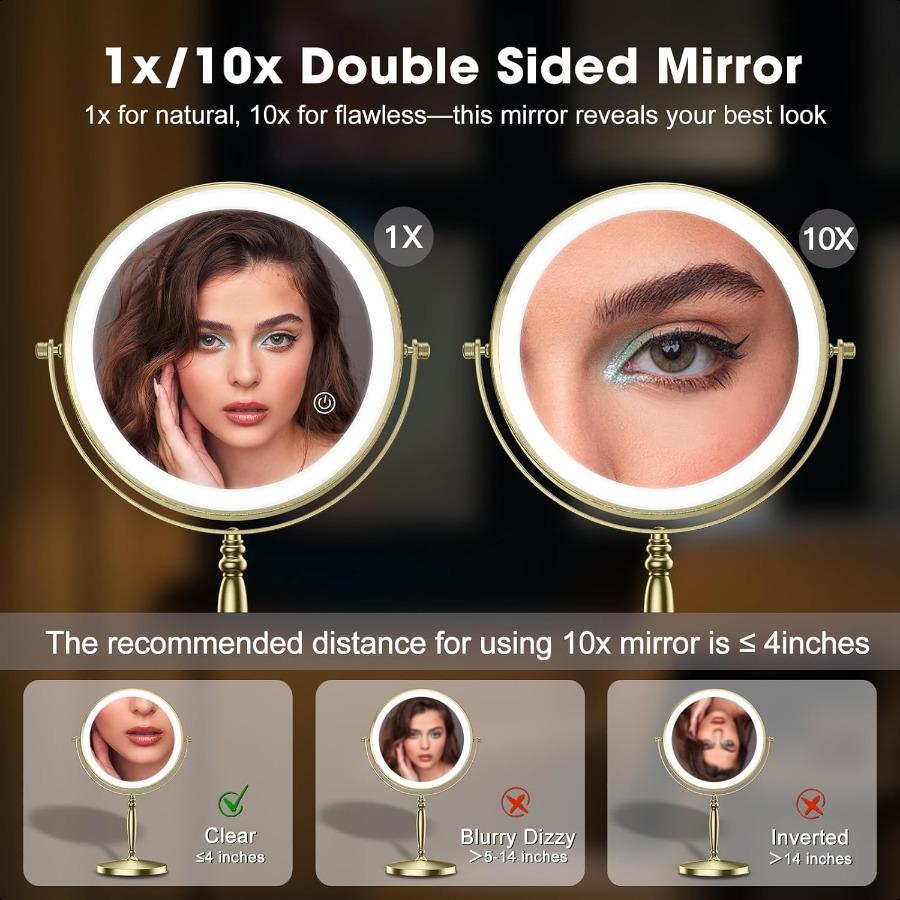 

8 Зеркало для макияжа с подсветкой и увеличением 1X 10X Настольное зеркало с увеличением с перезаряжаемыми светодиодными лампами 3 цвета Диммируемое Настольное зеркало United States