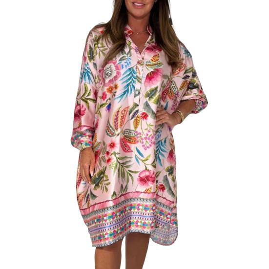 Women's Plus Size Boho Dress Floral Print Short Sleeved Button Up V Neck Dress Knee Length Summer Casual Shirt Dress
